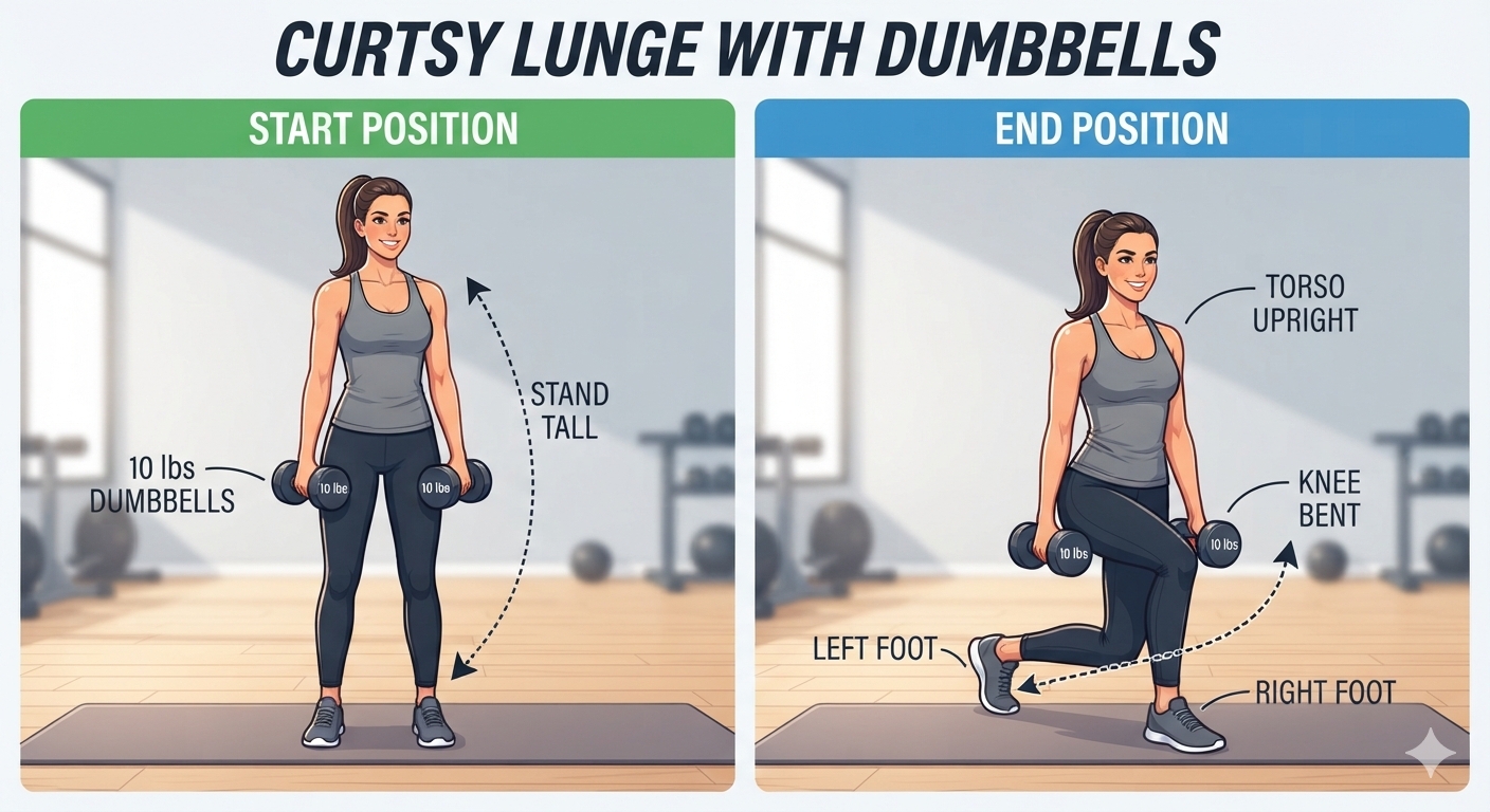 Curtsy lunge with dumbbells start and end position diagram, showing standing start and end position with torso upright, knee bent, and right foot stepped back and across