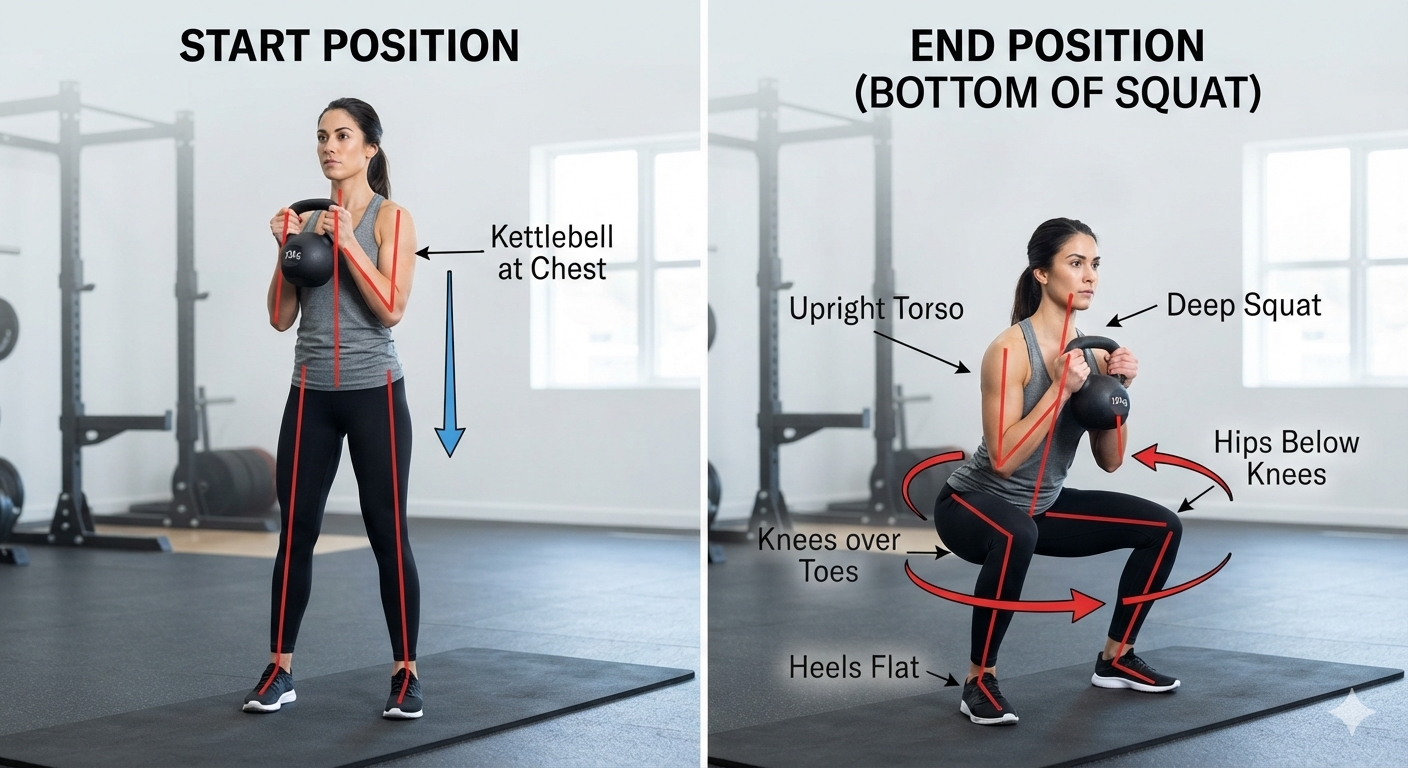 Goblet squat start and end position diagram, showing kettlebell held at chest, upright torso, knees over toes, and hips below knees at the bottom
