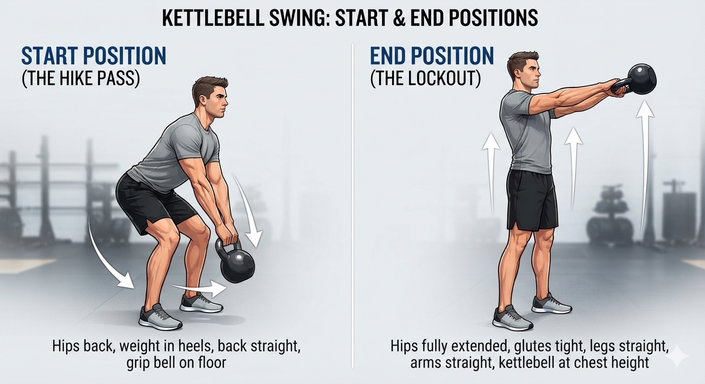 Kettlebell swing start and end position diagram, showing the hike pass with hips back and weight in heels, and the lockout with hips fully extended and glutes tight